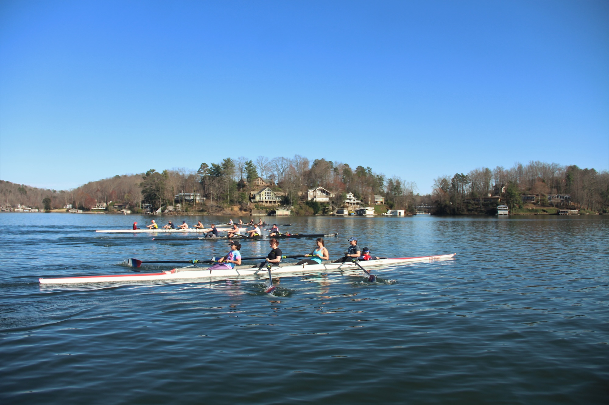 4 boats of rowers practicing racing on the water.
